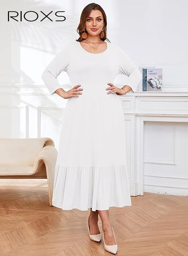 RIOXS Women's 3/4 Sleeve Round Neck Plus Size Maxi Dresses, Summer Breathable High Waist A-line Long Dress for Ladies, Loose Fit Solid Color Casual Tiered Flowy Dress with Pockets, Suitable for Work, Vacation, Beach, Daily Wear, Wedding Guest and More, White - Image 5