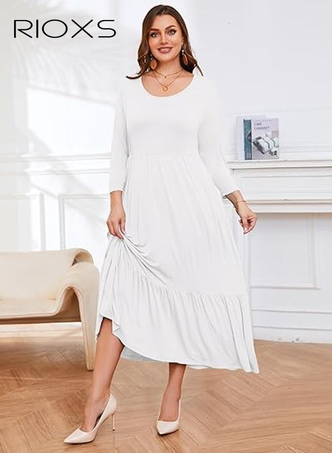 RIOXS Women's 3/4 Sleeve Round Neck Plus Size Maxi Dresses, Summer Breathable High Waist A-line Long Dress for Ladies, Loose Fit Solid Color Casual Tiered Flowy Dress with Pockets, Suitable for Work, Vacation, Beach, Daily Wear, Wedding Guest and More, White - Image 3