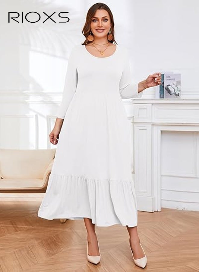 RIOXS Women's 3/4 Sleeve Round Neck Plus Size Maxi Dresses, Summer Breathable High Waist A-line Long Dress for Ladies, Loose Fit Solid Color Casual Tiered Flowy Dress with Pockets, Suitable for Work, Vacation, Beach, Daily Wear, Wedding Guest and More, White - Image 4