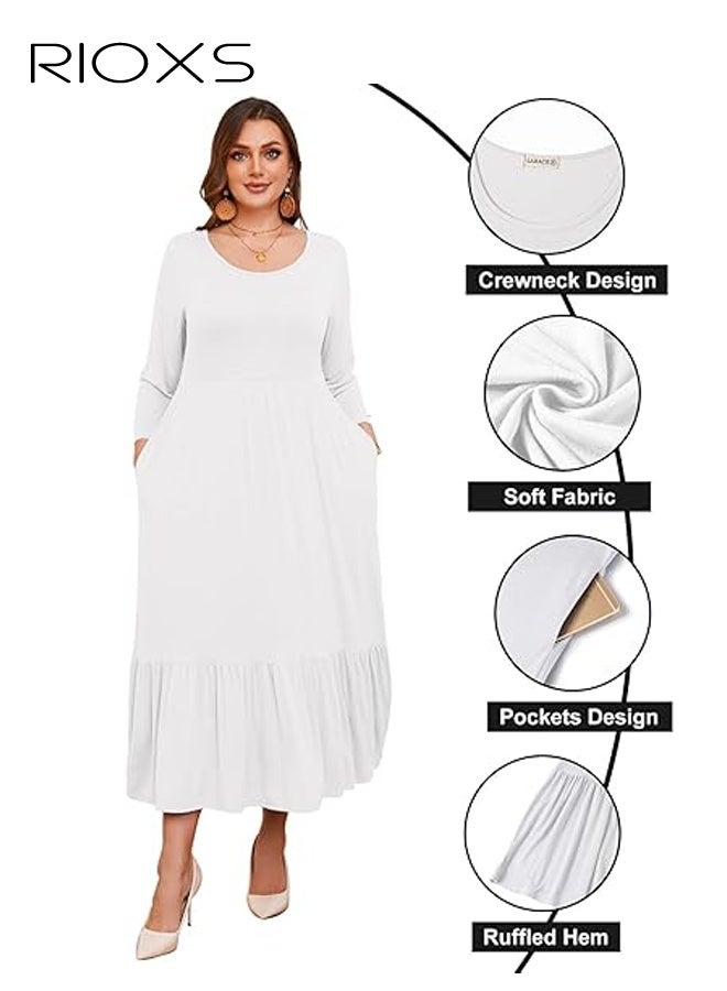 RIOXS Women's 3/4 Sleeve Round Neck Plus Size Maxi Dresses, Summer Breathable High Waist A-line Long Dress for Ladies, Loose Fit Solid Color Casual Tiered Flowy Dress with Pockets, Suitable for Work, Vacation, Beach, Daily Wear, Wedding Guest and More, White - Image 2