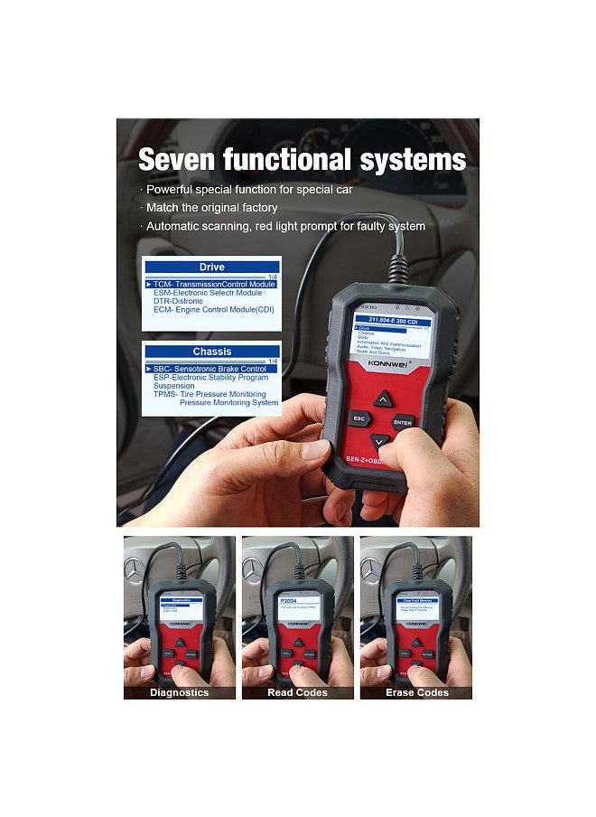 Konnwei - KONNWEI OBDII Scanner Code Reader Engine Fault Reader Tire Pressure Monitoring Car Diagnostic Scanner Tool Replacement for Mercedes All Seris - Image 1