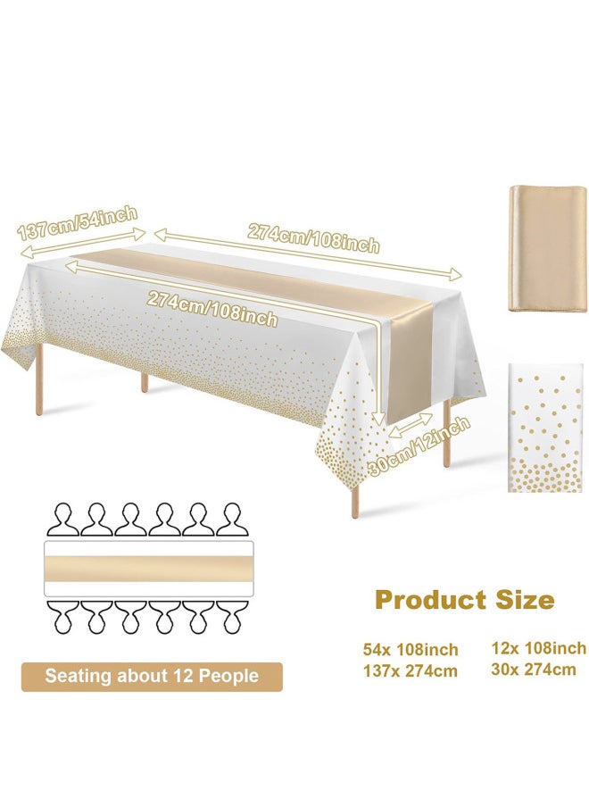 Generic - Direct Disposable Party Peva Dot Tablecloth With Polyester Table Runner Waterproof And Oil-proof-Colour:White Background Gold Dots + Champagne Table Runner-Specification:137*274 Tablecloth - Image 1