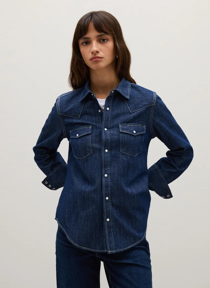 او في اس BLUE DENIM SHIRT IN PURE COTTON WITH LONG SLEEVES
