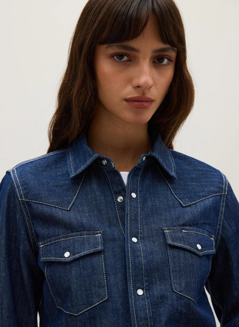 او في اس BLUE DENIM SHIRT IN PURE COTTON WITH LONG SLEEVES