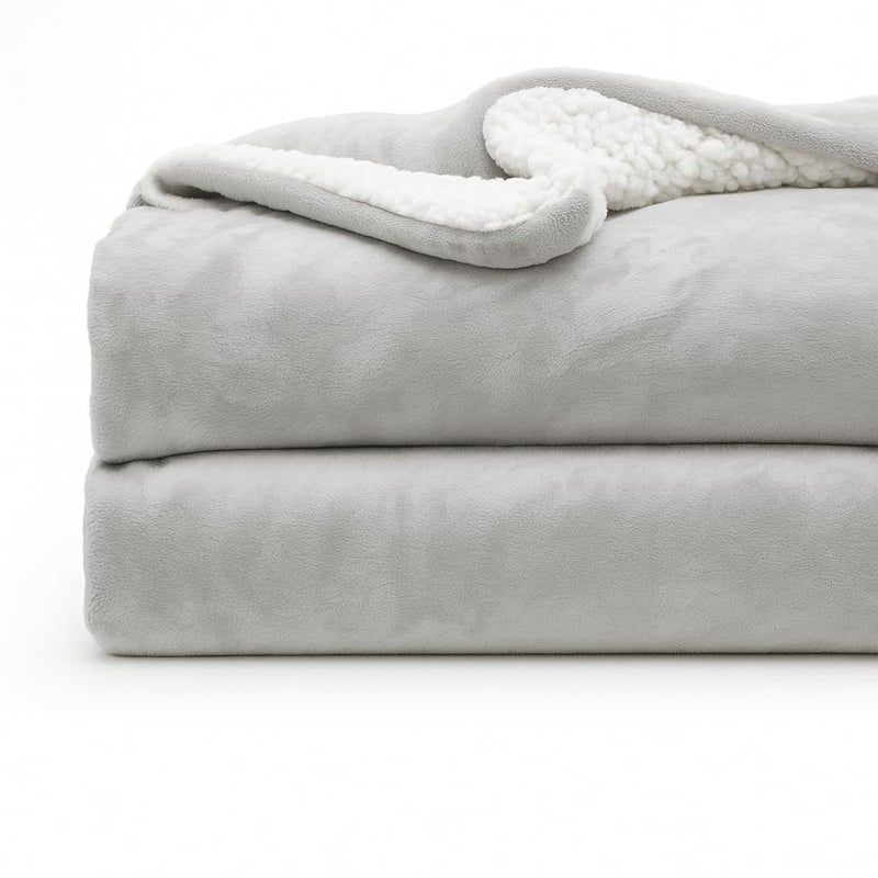 CHANDRAVATI Double Bed Premium Polyester Micromink Mild Winter/Heavy Winter Sherpa Blanket Super Soft Flannel Solid/Plain || (Light Grey) - Image 4