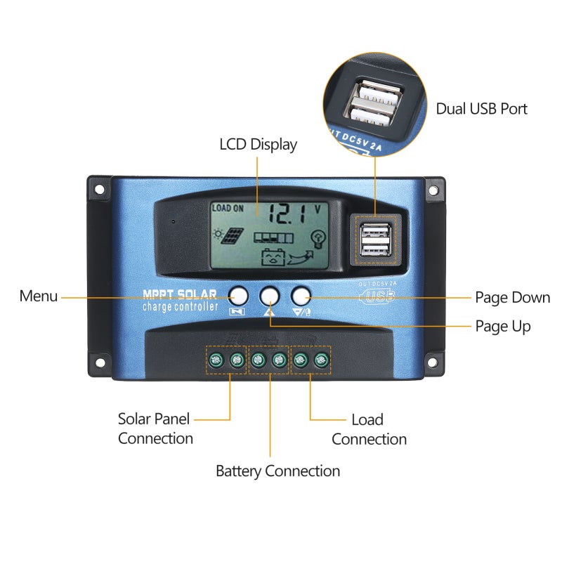 MPPT Solar Charge Controller Dual USB Solar Controller Smart LCD Screen MPPT Tracking 5V/2A Dual USB Output 12V/24V Automatic Identification - Image 4
