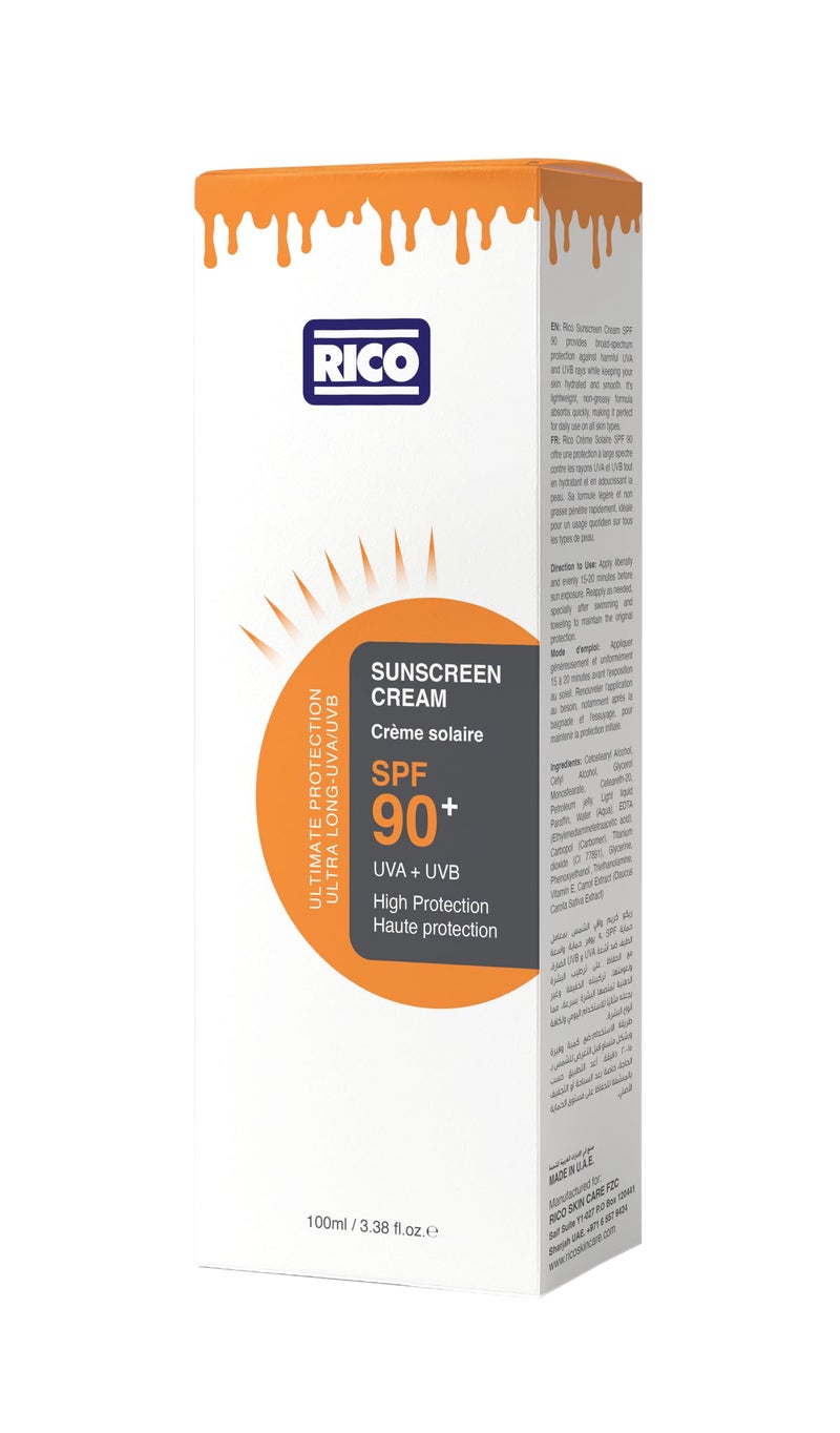 ريكو RICO Sunscreen Cream SPF 90+, Lightweight with Vitamin E & Carrot Extract, No White Cast, 100 ml, All Skin Types - Image 4