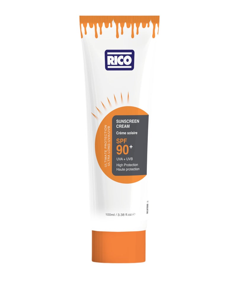 ريكو RICO Sunscreen Cream SPF 90+, Lightweight with Vitamin E & Carrot Extract, No White Cast, 100 ml, All Skin Types - Image 1
