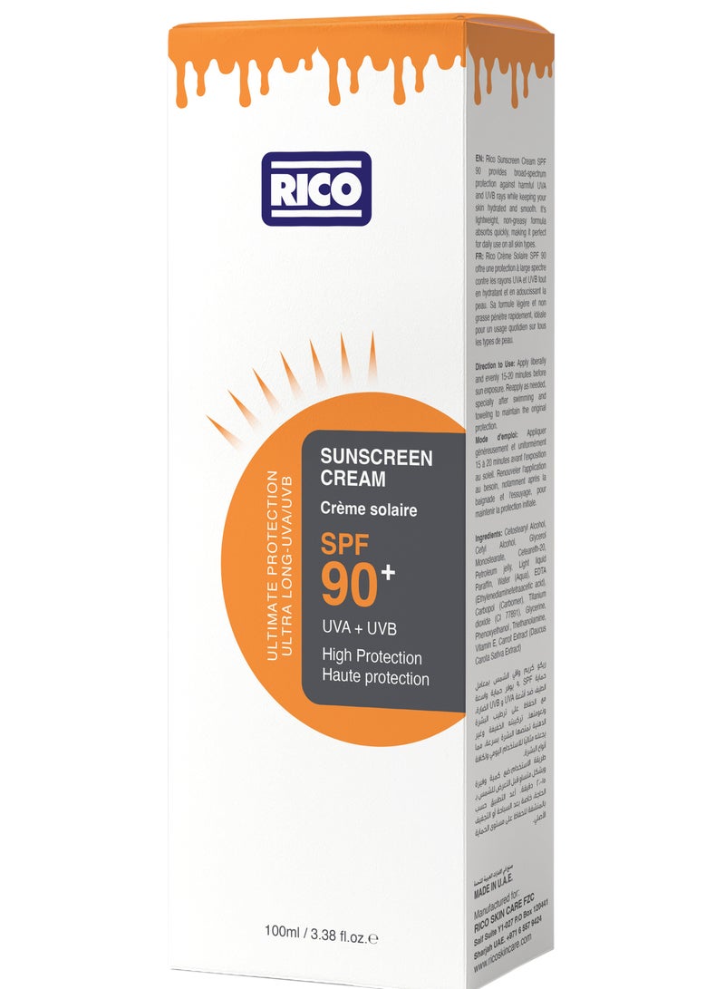 RICO Sunscreen Cream SPF 90+, Lightweight with Vitamin E & Carrot Extract, No White Cast, 100 ml, All Skin Types - Image 3