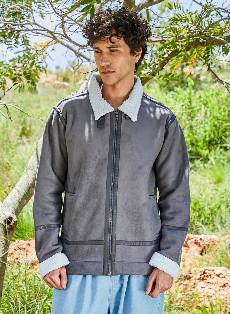 Campus Sutra Men's Moon Grey & Chalk White Fleece Lined Biker Jacket