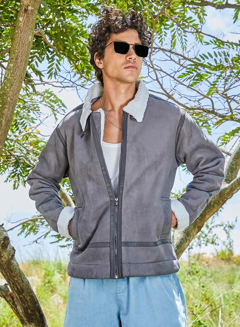 Campus Sutra Men's Moon Grey & Chalk White Fleece Lined Biker Jacket