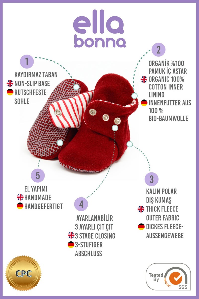 Ella Bonna Polar Baby Slippers, Non-Slip Sole, Organic Cotton Lined, First Step Home Slippers, Claret Red  - Image 4