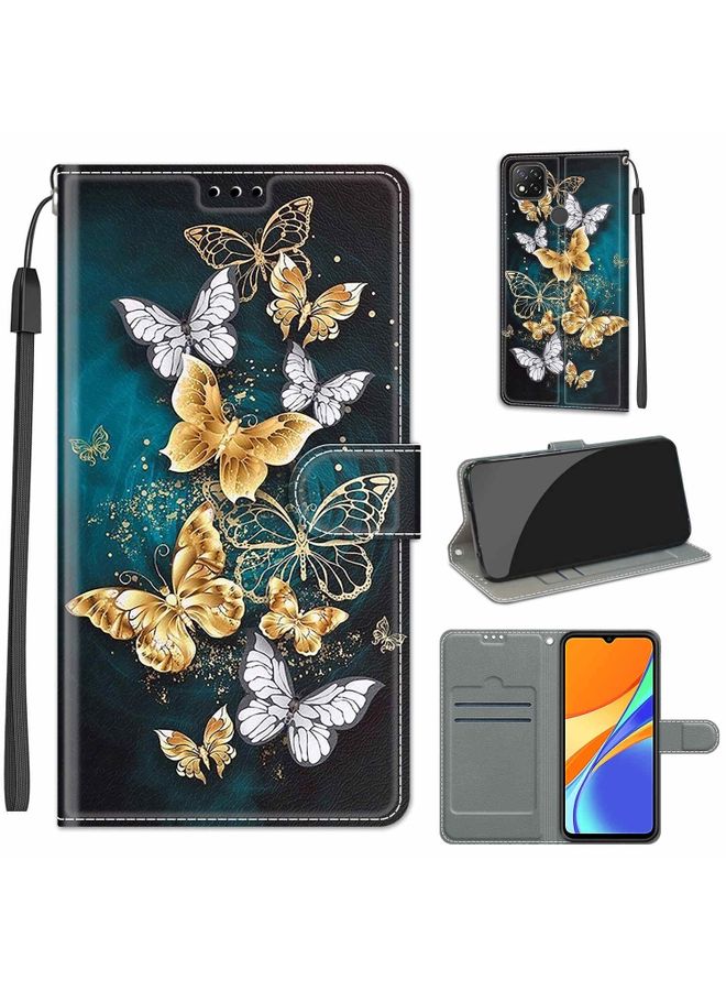Case Cover For Xiaomi Redmi 9C Voltage Coloured Drawing Magnetic Clasp Horizontal Flip PU Leather Case with Holder & Card Slots C20 Gold Silver Flying Butterflies