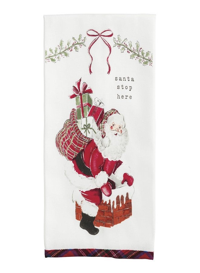 Mud Pie Christmas Santa Stop Here Tartan Trim Towel