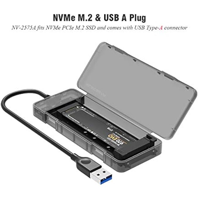 rayihni NVME M.2 SSD USB 3.1 GEN2 DISK ENCLOSURE WITH USB TYPE A PLUG, NV-2575A EXTERNAL M2 ADAPTER, 10GBPS PCIE NVME HDD CARD READER HARD DRIVE EXTENSION CONVERTER CADDY BOX, TOOL-FREE CASE WITH HEATSINK - Image 2