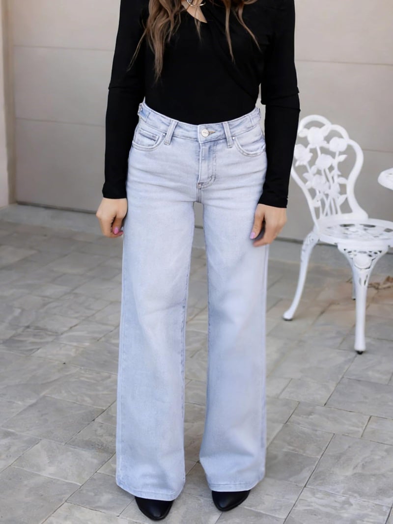ONESO Mid-Low Rise Baggy Jeans Wide Leg for Women Distressed Pants Stretchy Bottom Lady Basic Comfortable Denim - Image 3