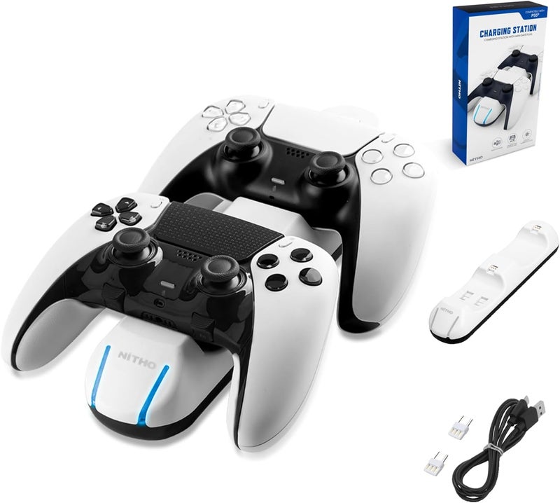 NiTHO PS5 Charging Station, Fast Dual Controller Charger for PS5 Controller, Controller Charger Dock for Playstation 5 / PS5 Edge Controller, PS5 Dual Controller Charger with LED Indicator - White - Image 1