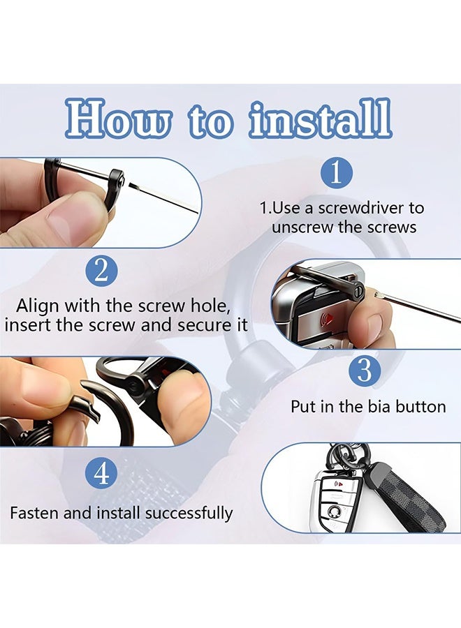 2 Pcs Car PU Leather Metal Keychain Plaid Leather Zinc Alloy Ring 360° Rotating Car Universal Wrist Band Key School Bag Car Decoration Pendant Black & Brown Send a Screwdriver - Image 4