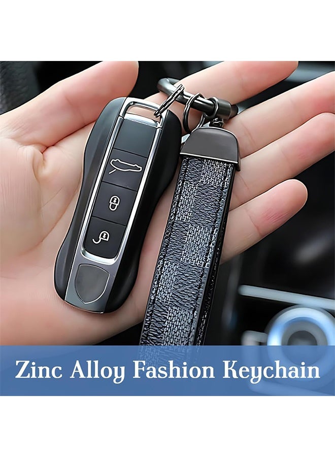 2 Pcs Car PU Leather Metal Keychain Plaid Leather Zinc Alloy Ring 360° Rotating Car Universal Wrist Band Key School Bag Car Decoration Pendant Black & Brown Send a Screwdriver - Image 2
