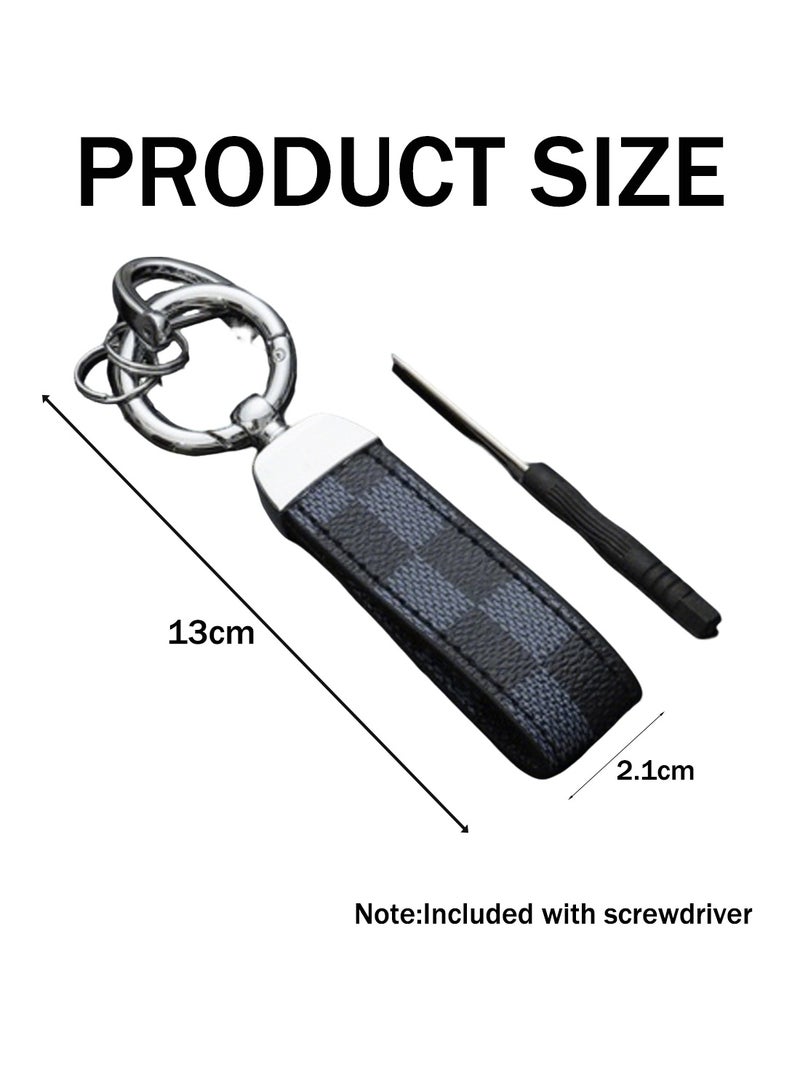 2 Pcs Car PU Leather Metal Keychain Plaid Leather Zinc Alloy Ring 360° Rotating Car Universal Wrist Band Key School Bag Car Decoration Pendant Black & Brown Send a Screwdriver - Image 5