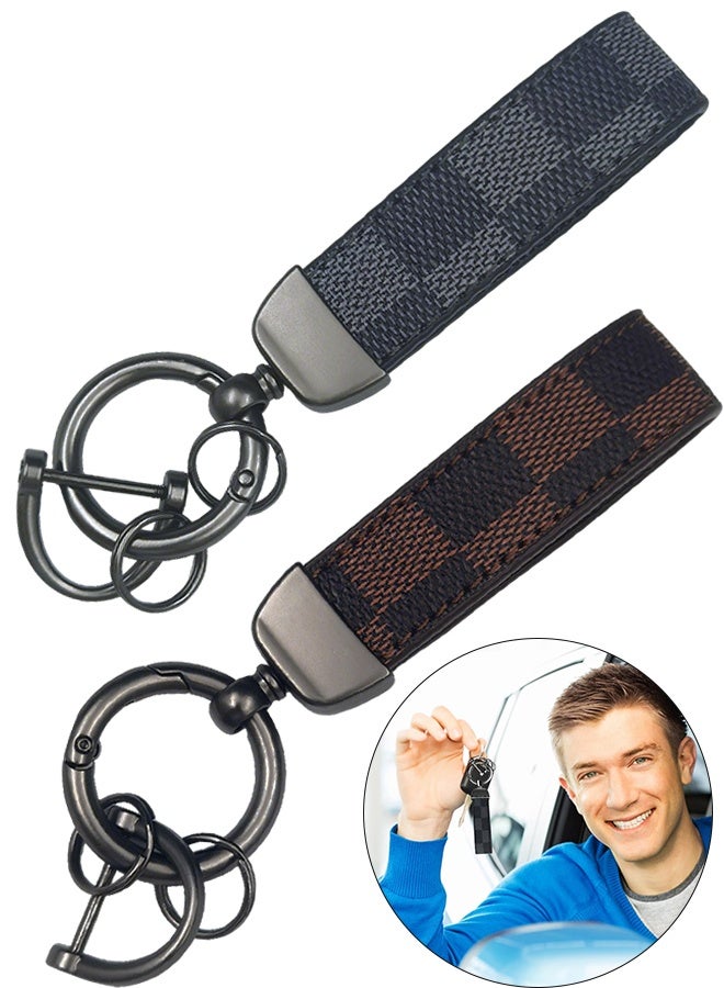2 Pcs Car PU Leather Metal Keychain Plaid Leather Zinc Alloy Ring 360° Rotating Car Universal Wrist Band Key School Bag Car Decoration Pendant Black & Brown Send a Screwdriver - Image 1