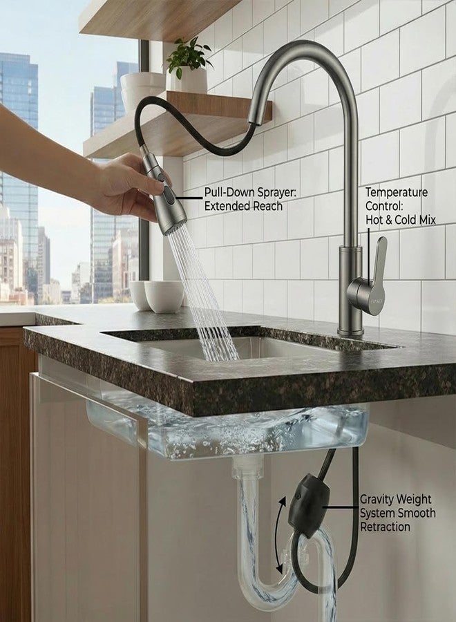 EVANEX EVANEX Waterfall Pull Down Kitchen Sink Facuet | Kitchen Mixer Tap | Mechanical Docking, Deck Mounted | 360° Swivel | Water Saving Sink Faucets (Waterfall Pullout Sink Mixer Black) - Image 4