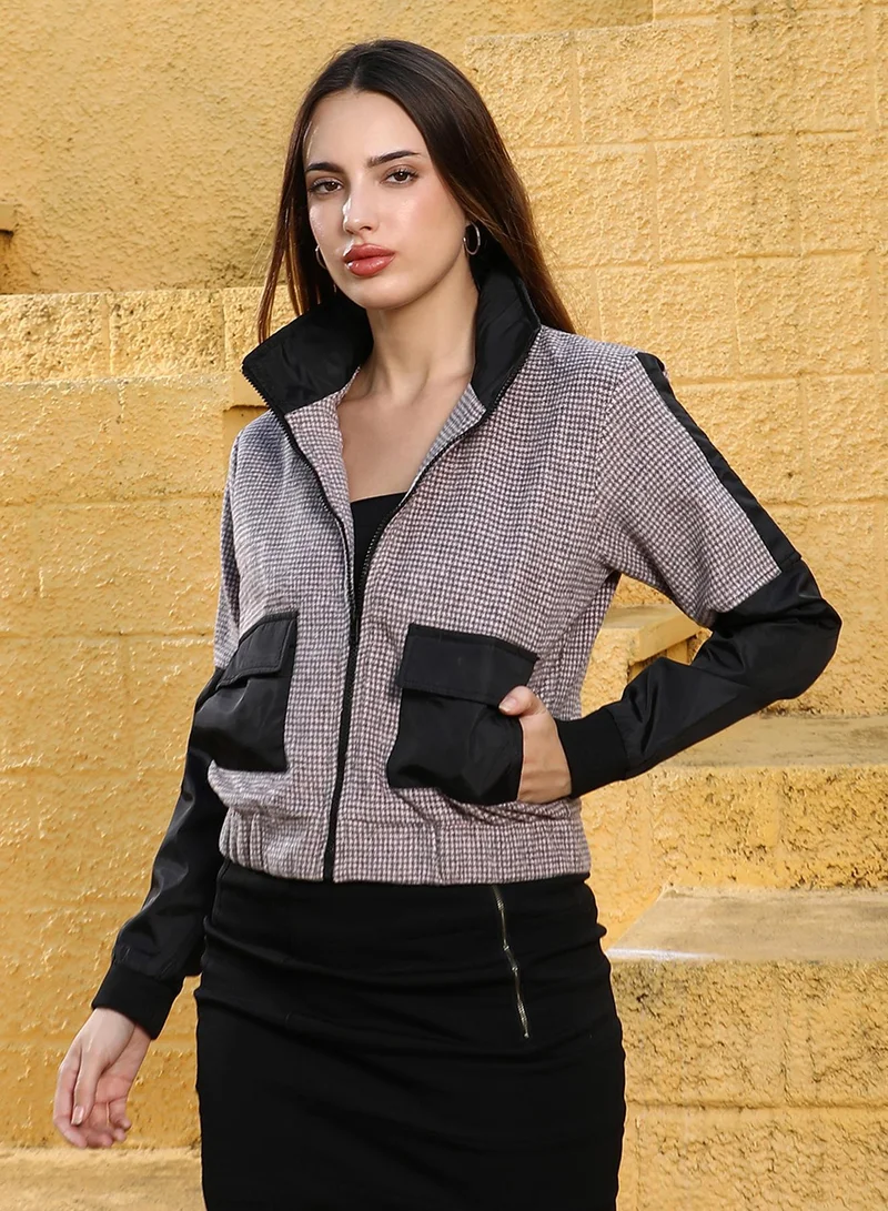 Pinacolada  Women's Onyx Black & Cloud Grey Houndstooth Block Jacket for Women | Best Price UAE