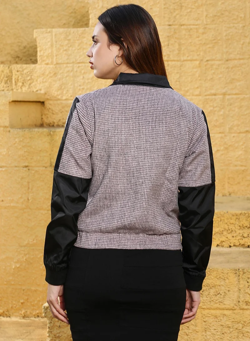 Pinacolada  Women's Onyx Black & Cloud Grey Houndstooth Block Jacket for Women | Best Price UAE