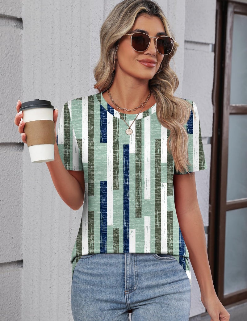 TCOT Women's Crew Neck Short Sleeve Tops Classic Summer Dress Shirt Tunic Tops Business Blouses Green Pattern L - Image 4