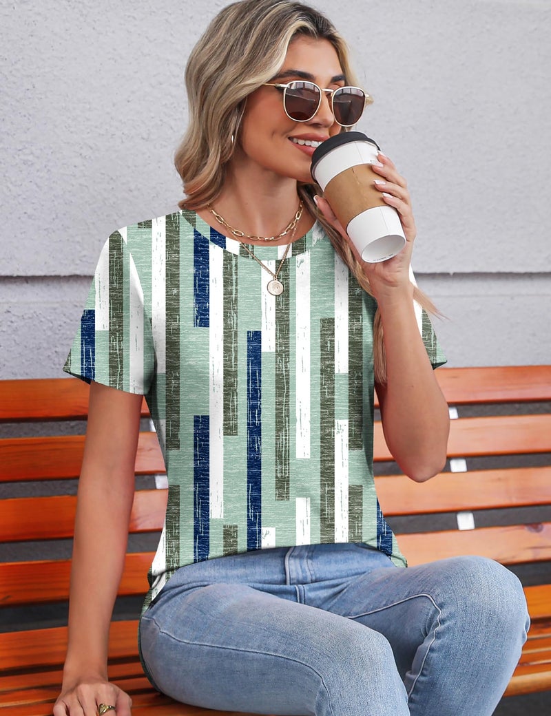 TCOT Women's Crew Neck Short Sleeve Tops Classic Summer Dress Shirt Tunic Tops Business Blouses Green Pattern L - Image 5