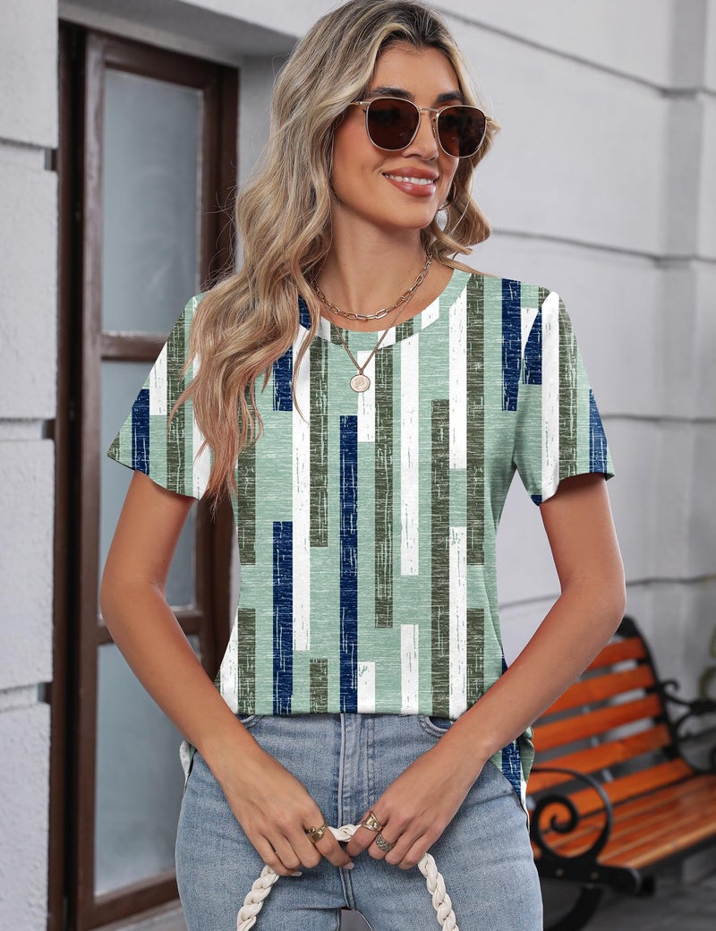 TCOT Women's Crew Neck Short Sleeve Tops Classic Summer Dress Shirt Tunic Tops Business Blouses Green Pattern L - Image 2
