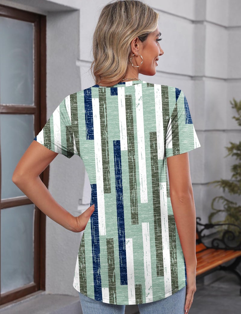 TCOT Women's Crew Neck Short Sleeve Tops Classic Summer Dress Shirt Tunic Tops Business Blouses Green Pattern L - Image 3