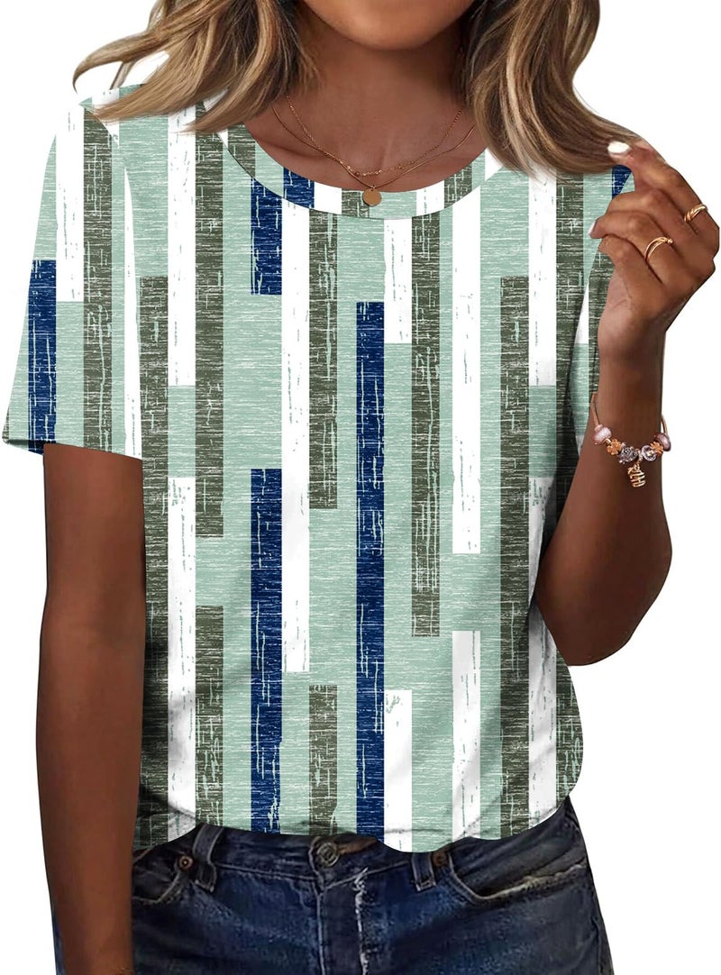 TCOT Women's Crew Neck Short Sleeve Tops Classic Summer Dress Shirt Tunic Tops Business Blouses Green Pattern L - Image 1