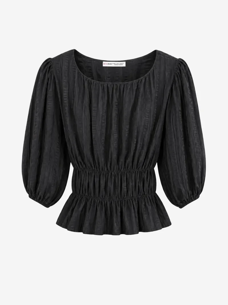 MixRay MIXRAY Textured U Collar Three Quarter Sleeve Peplum Blouse