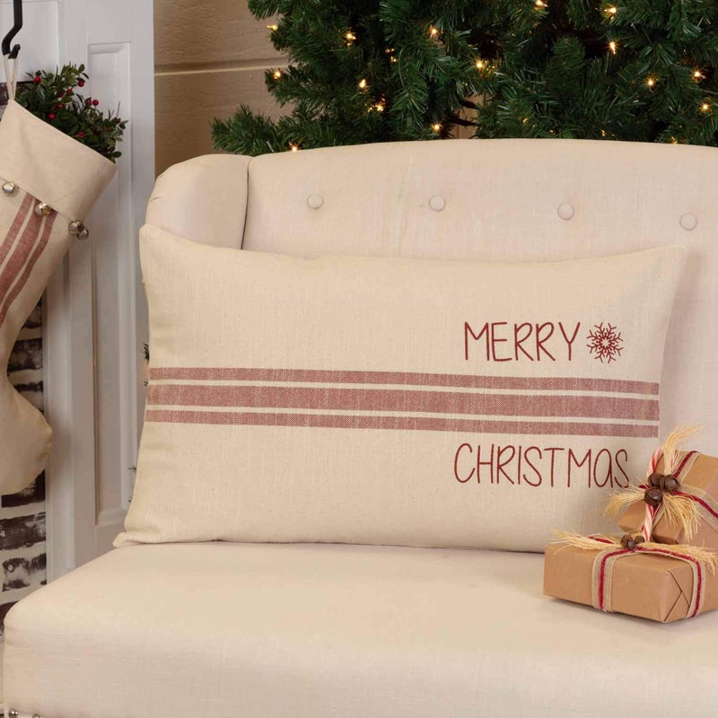 Piper Classics Sleigh Bells Ring Grain Sack Stripe Throw Pillow Cover  16"" x 26""  w/Printed Merry Christmas  Farmhouse Christmas Red & Cream Country Holiday D?cor  - Image 1