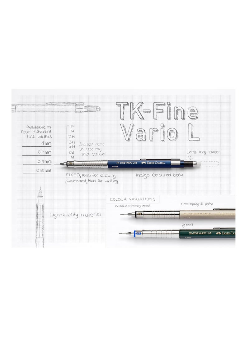FABER-CASTELL - Faber-Castell Mechanical Pencil TK-Fine Vario L 1.0mm Indigo, Soft: anti-lead cushion mechanism for general writing hard: lead fixing mechanism for drawing and design - Image 1