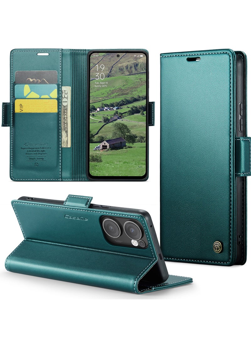 CaseMe Phone Case Luxury PU Leather Design Anti Fingerprint 023 Flip Cover Card Slot Holder Cover For Oppo Reno 13F (Green) - Image 2