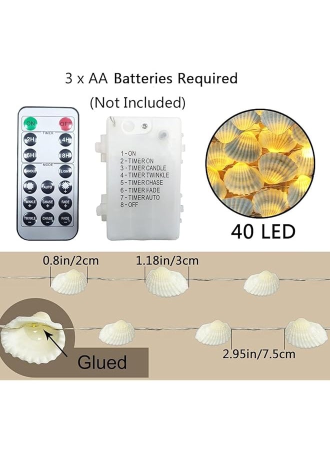 إيروريكس - سلسلة أضواء LED من Ocean Real Seashell مقاس 0.8 بوصة و40 مصباحًا بطول 13.85 قدمًا تعمل بالبطارية ومقاومة للماء باللون الأبيض الدافئ مع مؤقت وجهاز تحكم عن بعد لتزيين حفلات أعياد الميلاد المغطاة الداخلية والخارجية - Image 1
