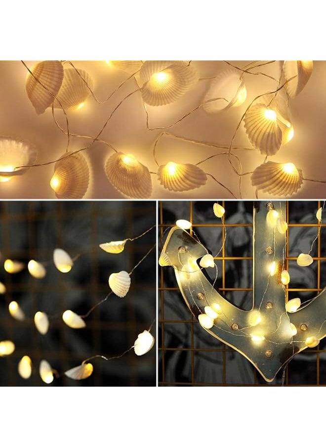 إيروريكس - سلسلة أضواء LED من Ocean Real Seashell مقاس 0.8 بوصة و40 مصباحًا بطول 13.85 قدمًا تعمل بالبطارية ومقاومة للماء باللون الأبيض الدافئ مع مؤقت وجهاز تحكم عن بعد لتزيين حفلات أعياد الميلاد المغطاة الداخلية والخارجية - Image 1