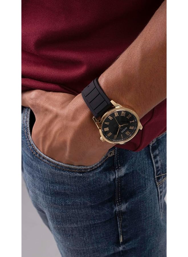 جس علبة ذهبية مصقولة، مينا سوداء، حزام سيليكون أسود ناعم، حزام ذهبي اللون - Image 3