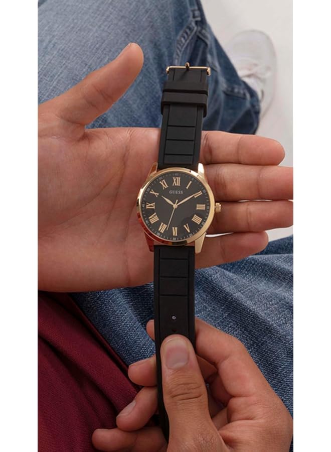 جس علبة ذهبية مصقولة، مينا سوداء، حزام سيليكون أسود ناعم، حزام ذهبي اللون - Image 2