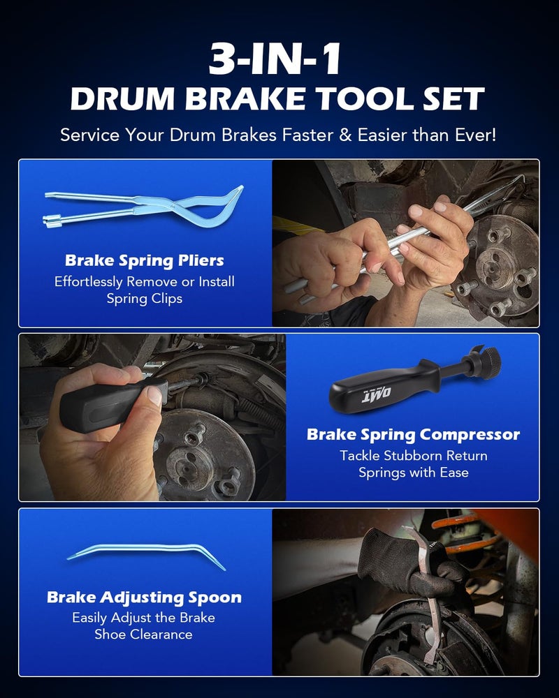 Orion Motor Tech Drum Brake Tool Kit, 3 pc Drum Brake Adjustment Tool Set with Brake Spring Compressor Tool and Brake Spoon, Double Ended Brake Spring Pliers for Brake Spring Removal and Installation - Image 2