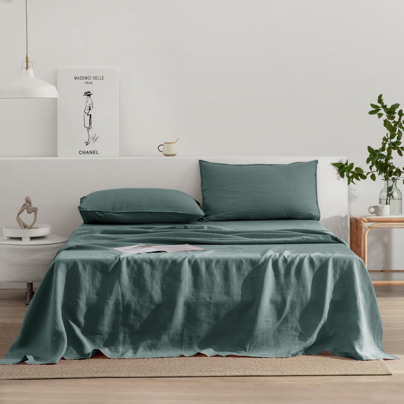 EVERLY Linen Sheets Queen Size,100% Stonewashed Pure French Linen16Inch Deep Pocket Sheets,4Pieces (1Flat Sheet,1Fitted Sheet,2Pillowcase) Natural Flax Soft and Breathable for Hot Sleepers-Aqua - Image 1