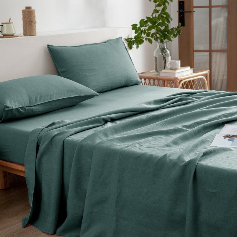 EVERLY Linen Sheets Queen Size,100% Stonewashed Pure French Linen16Inch Deep Pocket Sheets,4Pieces (1Flat Sheet,1Fitted Sheet,2Pillowcase) Natural Flax Soft and Breathable for Hot Sleepers-Aqua - Image 3