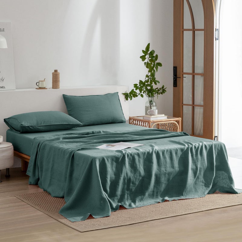 EVERLY Linen Sheets Queen Size,100% Stonewashed Pure French Linen16Inch Deep Pocket Sheets,4Pieces (1Flat Sheet,1Fitted Sheet,2Pillowcase) Natural Flax Soft and Breathable for Hot Sleepers-Aqua - Image 2