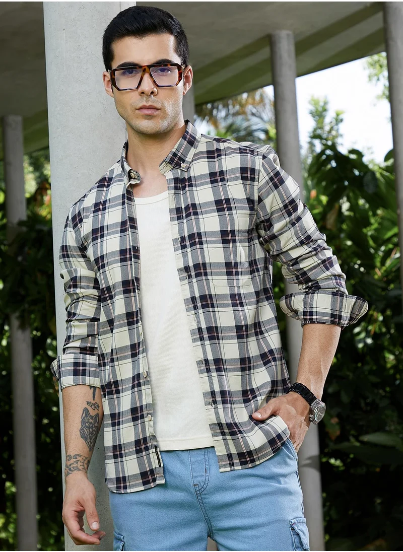 Campus Sutra Campus Sutra Men's Navy Blue & Cream White Button-Down Tartan Shirt For Casual Wear | Spread Collar | Long Cuffed Sleeves | Button Closure | Shirt Crafted With Comfort Fit For Everyday Wear