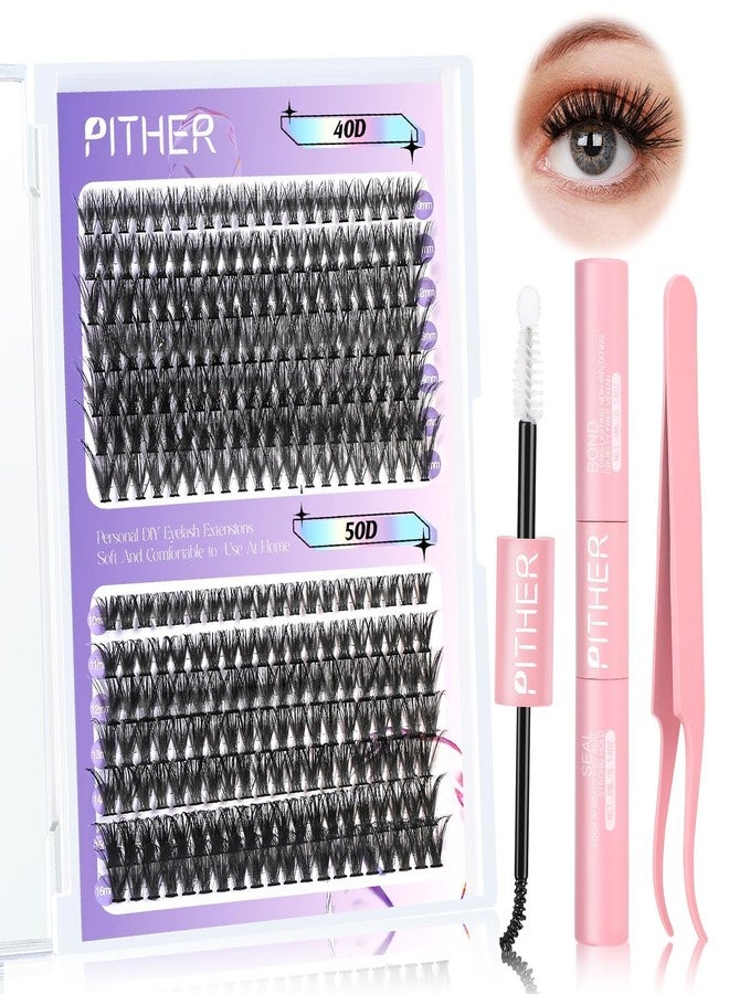 PITHER Lash Extension Kit, PITHER 280pcs DIY Eyelash Extension Kit at Home with Lash Bond and Sealant Lash Tweezers for Self Use (0.07mm 10-16mm Volume Lash Clusters 40D+50D) - Image 1