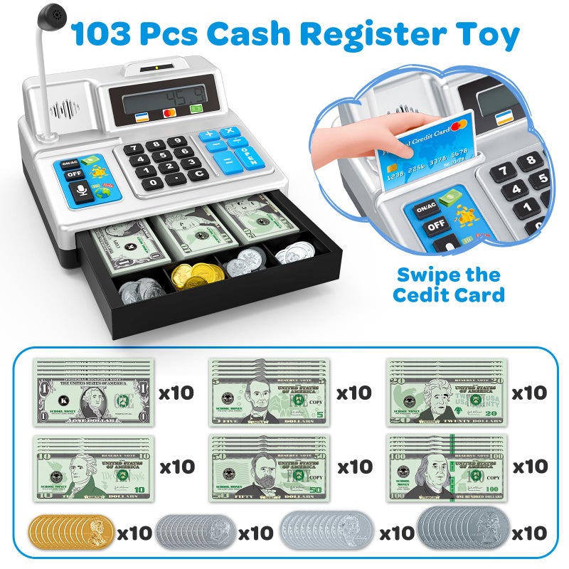 Bstoyder Calculator Cash Register Toy Gift for Kids Age 3, 4, 5, 6, 7, 8+ Year Old, 103 Pcs Pretend Grocery Store Playset with Toy Cash, Microphone, Credit Card, Play Cash Register for Toddlers 4-8, Silvery - Image 2