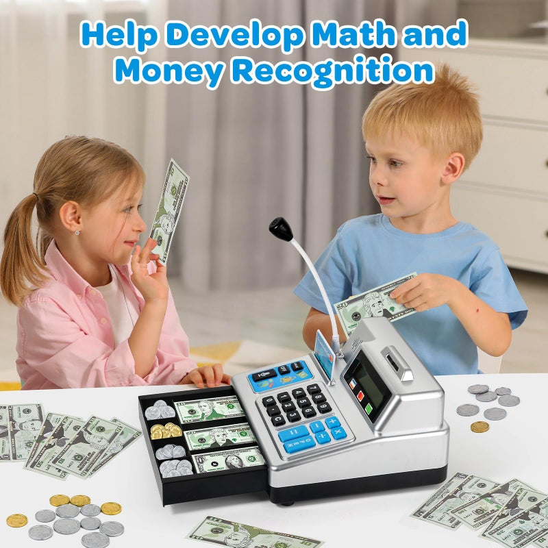 Bstoyder Calculator Cash Register Toy Gift for Kids Age 3, 4, 5, 6, 7, 8+ Year Old, 103 Pcs Pretend Grocery Store Playset with Toy Cash, Microphone, Credit Card, Play Cash Register for Toddlers 4-8, Silvery - Image 5