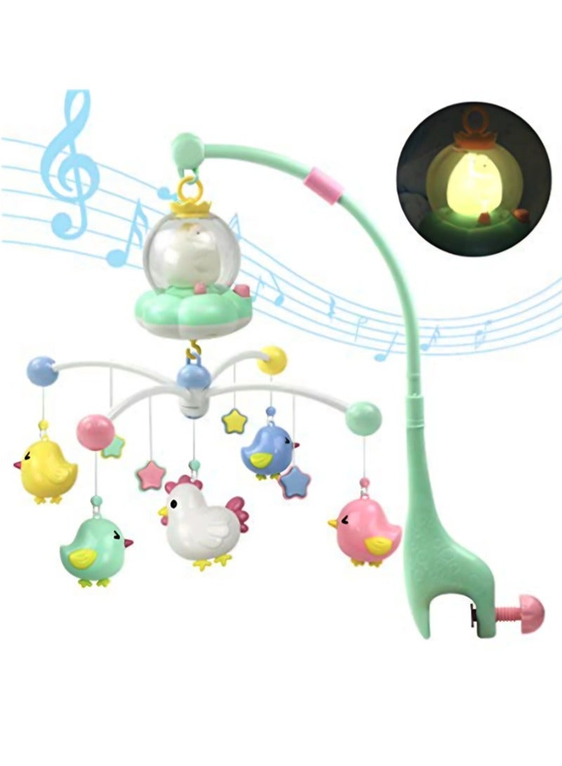 Musical crib mobile for babies, interactive, with multiple melodies and ambient lights, 360° rotation, touch control, volume control button, and universal mounting bracket  - Image 1